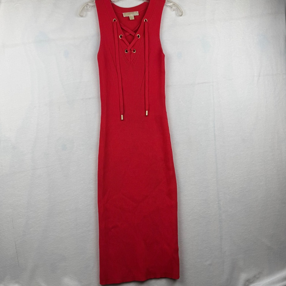 MICHAEL Michael Kors Red Ribbed Lace-Up Midi Dress